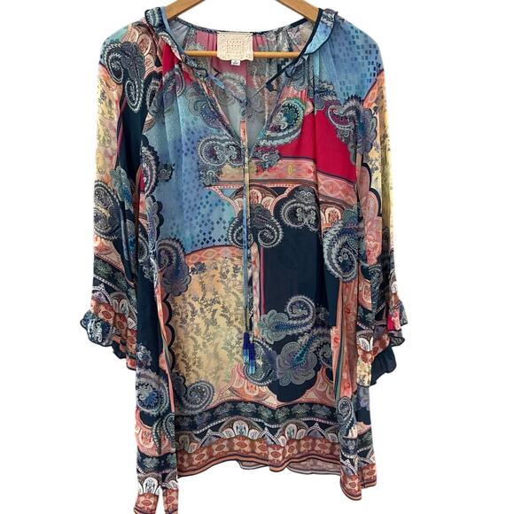 Johnny Was Jade Boho Oversized Daria Multicolored Mixed Print Blouse Size XS - Picture 5 of 11
